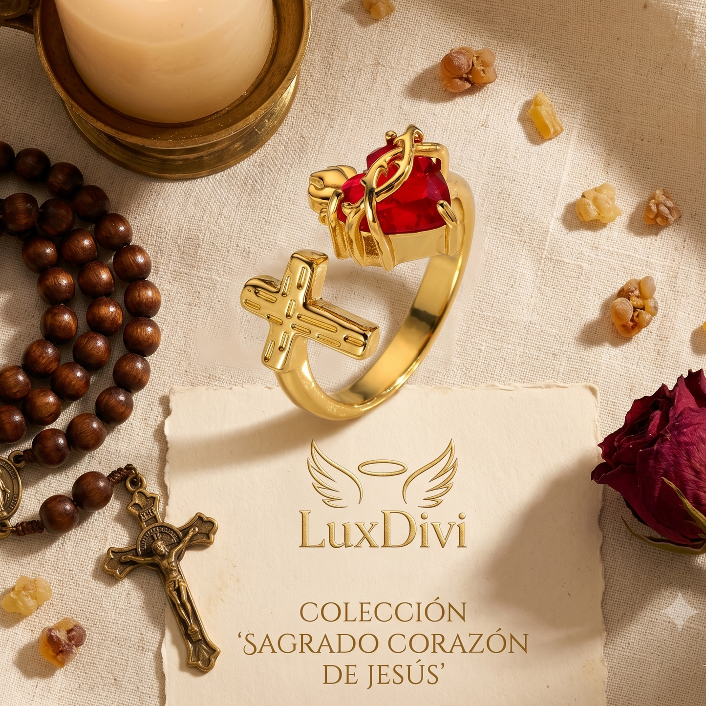 Anillo Luz de Cristo: El Sagrado Corazón en Cristal Infinito